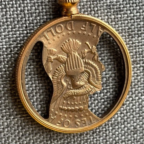 1974 John F Kennedy JFK Gold Plated Half Dollar Pendant Necklace, 24” - Picture 2 of 7